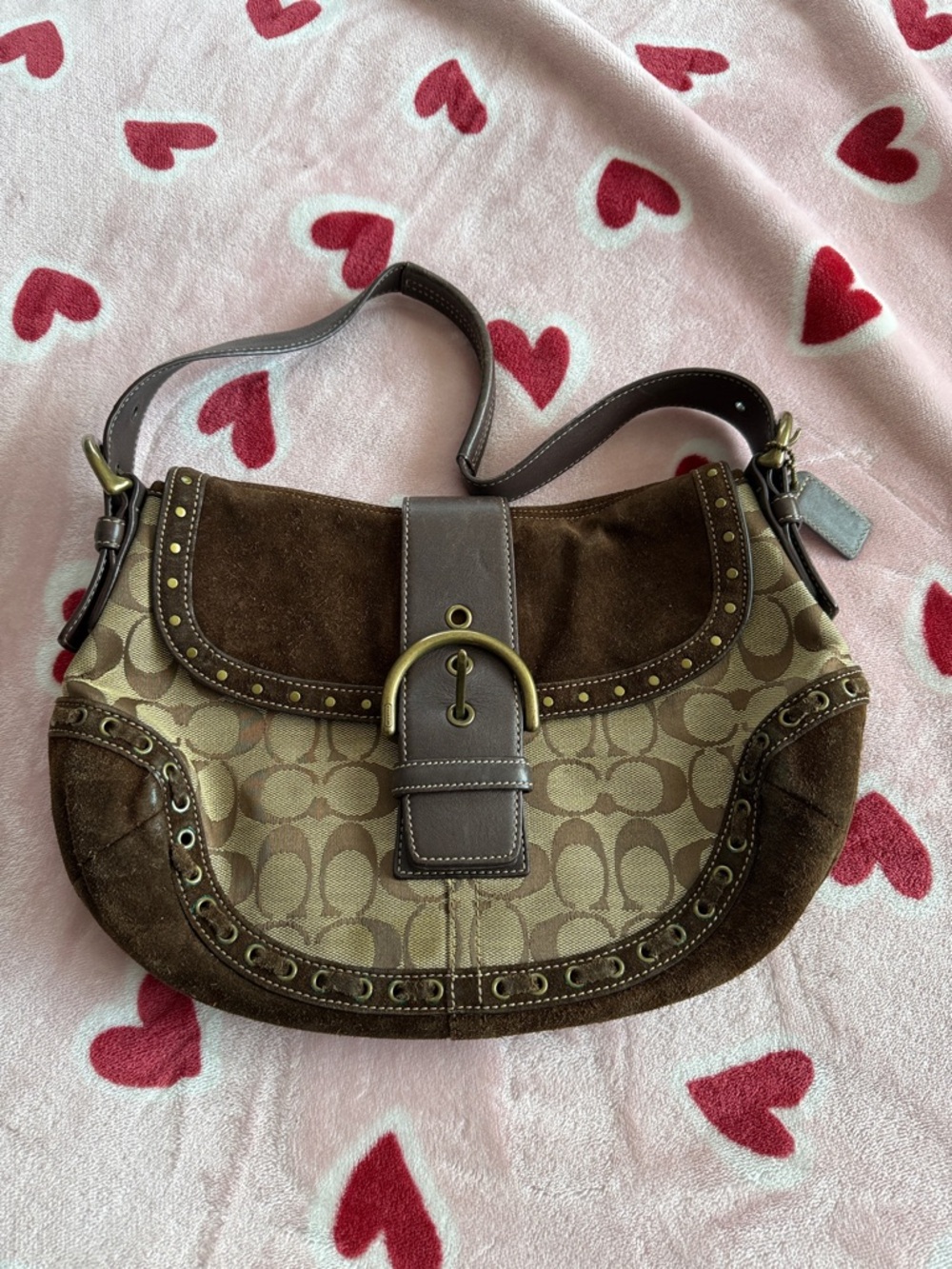 Coach Brown Suede & Signature Canvas Shoulder Bag